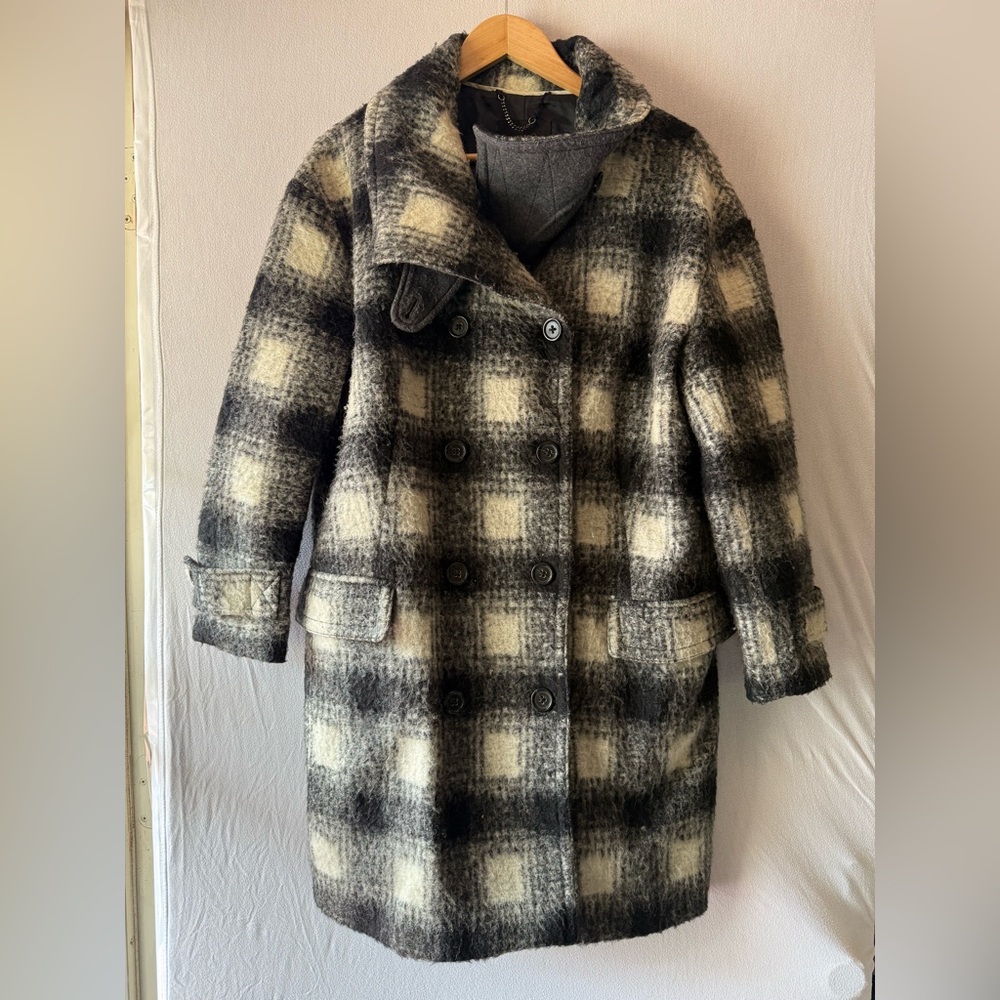 Banana Republic Black and Cream Checkered Pea Coat